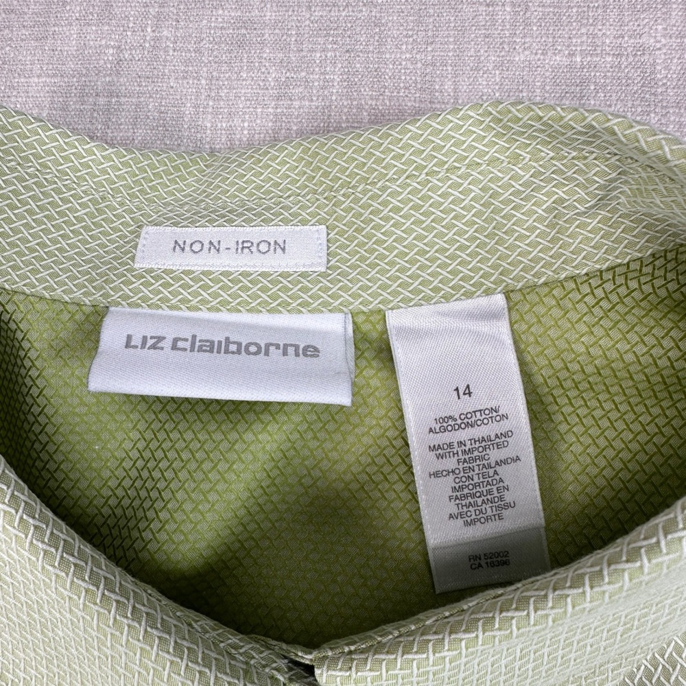 Liz Claiborne Button Down Womens 14 Green Non-Iron Cotton Basketweave REMU4450 - Picture 4 of 11